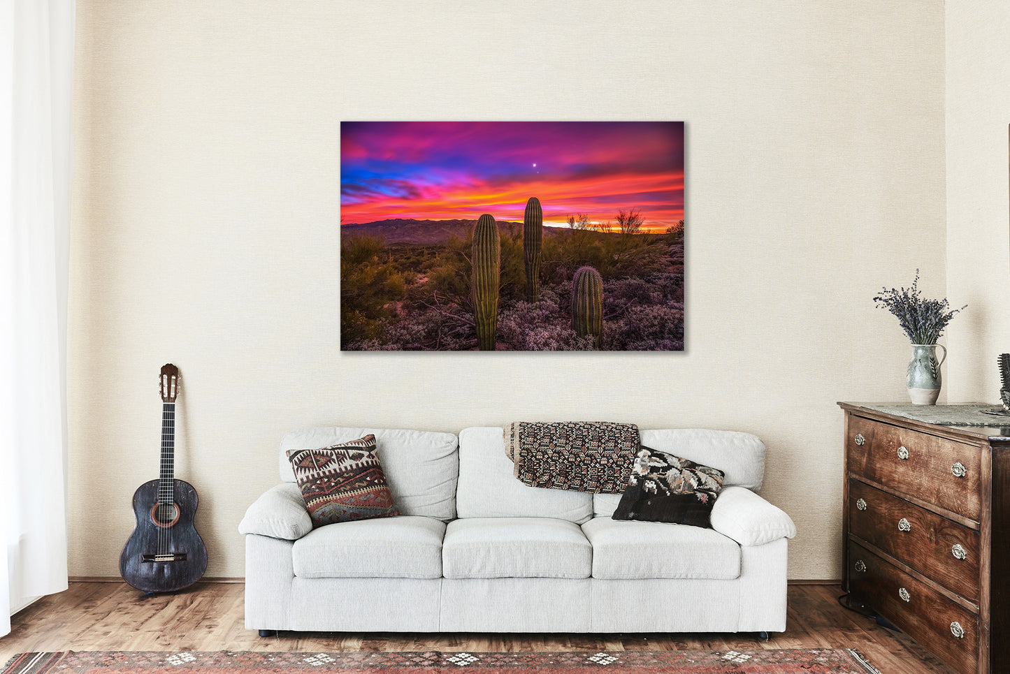 Southwestern Canvas Wall Art - Gallery Wrap of Saguaro Cactus Under Venus and Jupiter in Arizona - Sonoran Desert Photography Artwork Decor