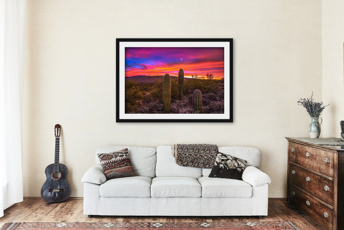 Southwestern Framed and Matted Print - Picture of Saguaro Cactus Under Venus and Jupiter at Sunrise in Sonoran Desert in Arizona Wall Art
