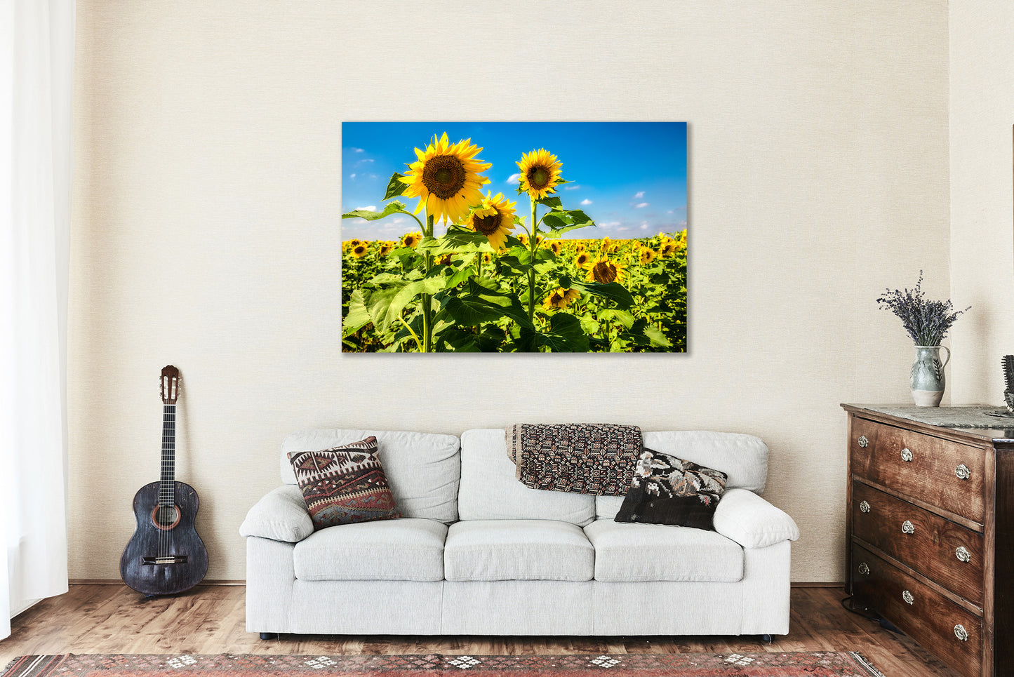 Country Metal Print (Ready to Hang) Photo on Aluminum of Sunflowers Standing Tall in Sunflower Field in Kansas Farm Wall Art Botanical Decor