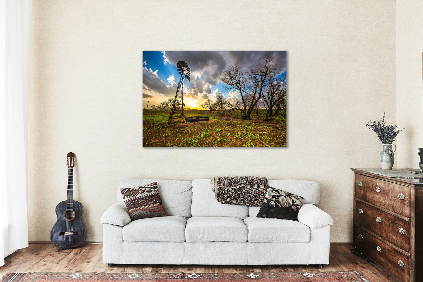 Country Metal Print (Ready to Hang) Photo on Aluminum of Old Windmill and Charred Trees at Sunset in Kansas Farm Wall Art Farmhouse Decor