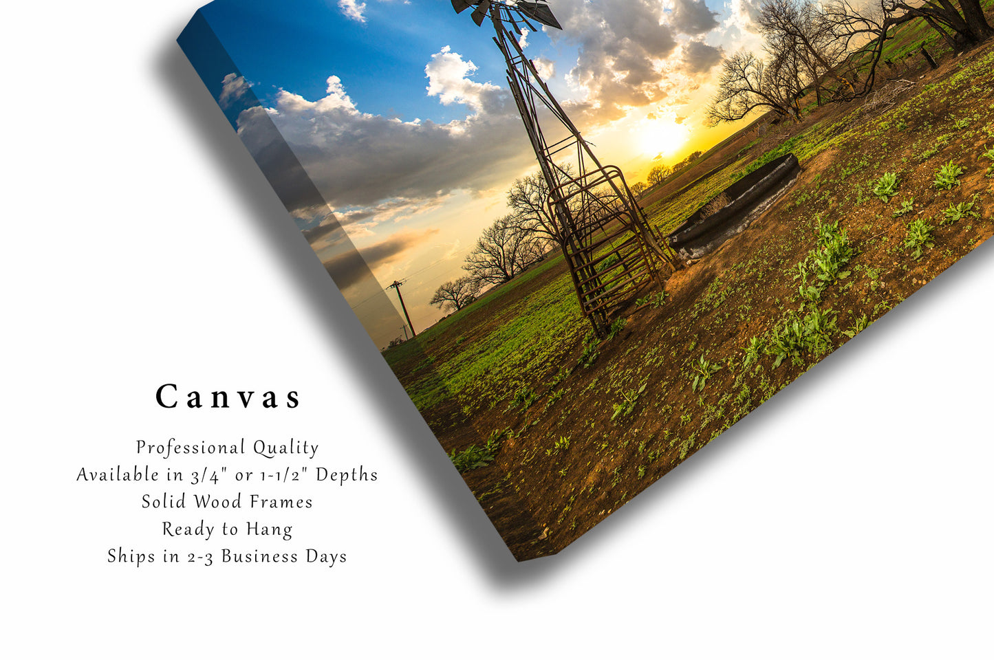Country Canvas Wall Art (Ready to Hang) Gallery Wrap of Old Windmill and Charred Trees at Sunset in Kansas Farm Photography Farmhouse Decor