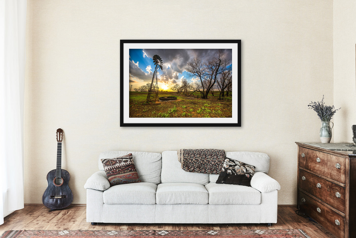 Framed Country Print (Ready to Hang) Picture of Old Windmill and Charred Trees at Sunset in Kansas Farm Wall Art Farmhouse Decor