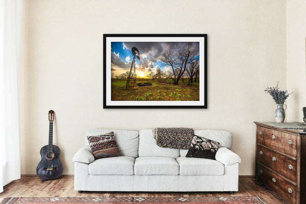 Framed and Matted Print - Prairie Picture of Old Windmill and Charred Trees at Sunset in Kansas - Ready to Hang Country Wall Art Decor