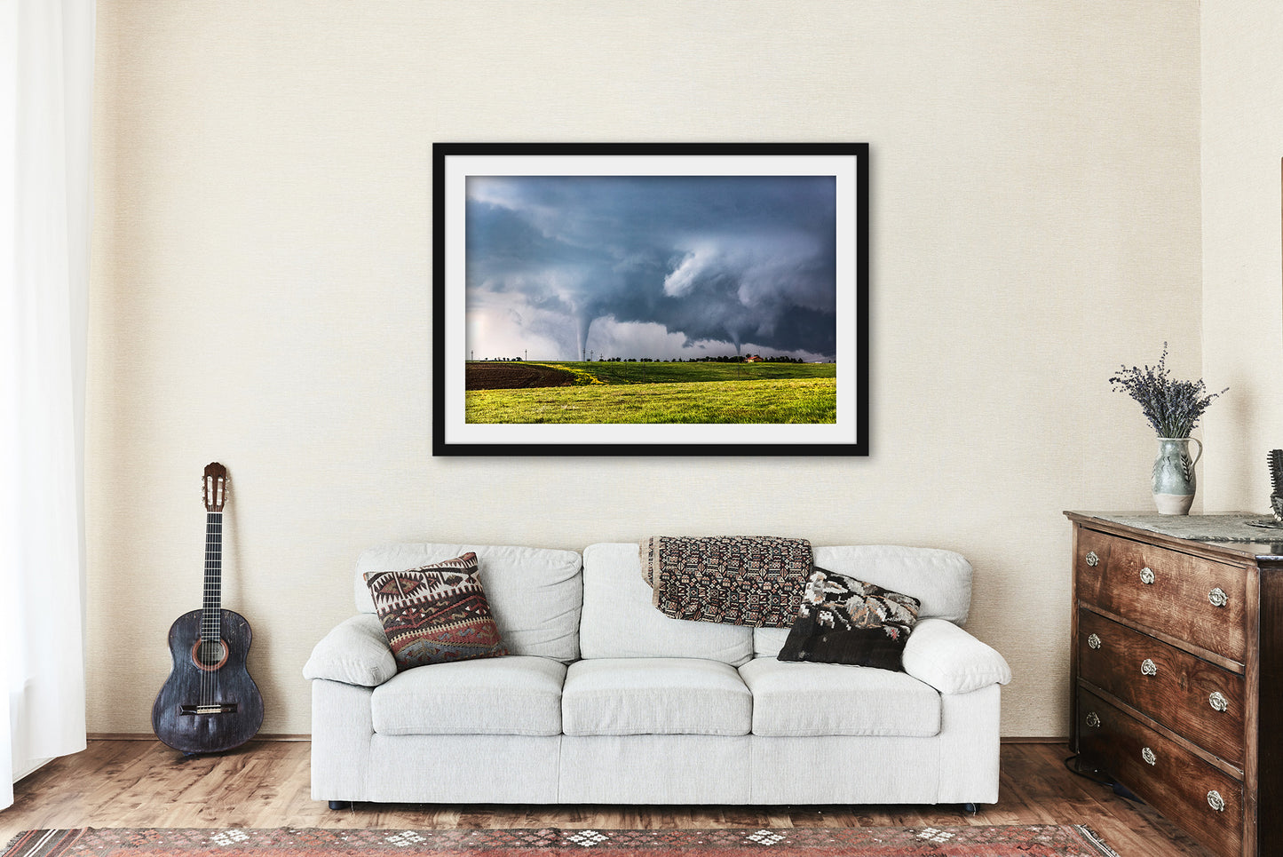 Storm Wall Art - Framed and Matted Print of Two Tornadoes on Stormy Spring Day in Kansas - Weather Photography Nature Artwork Decor