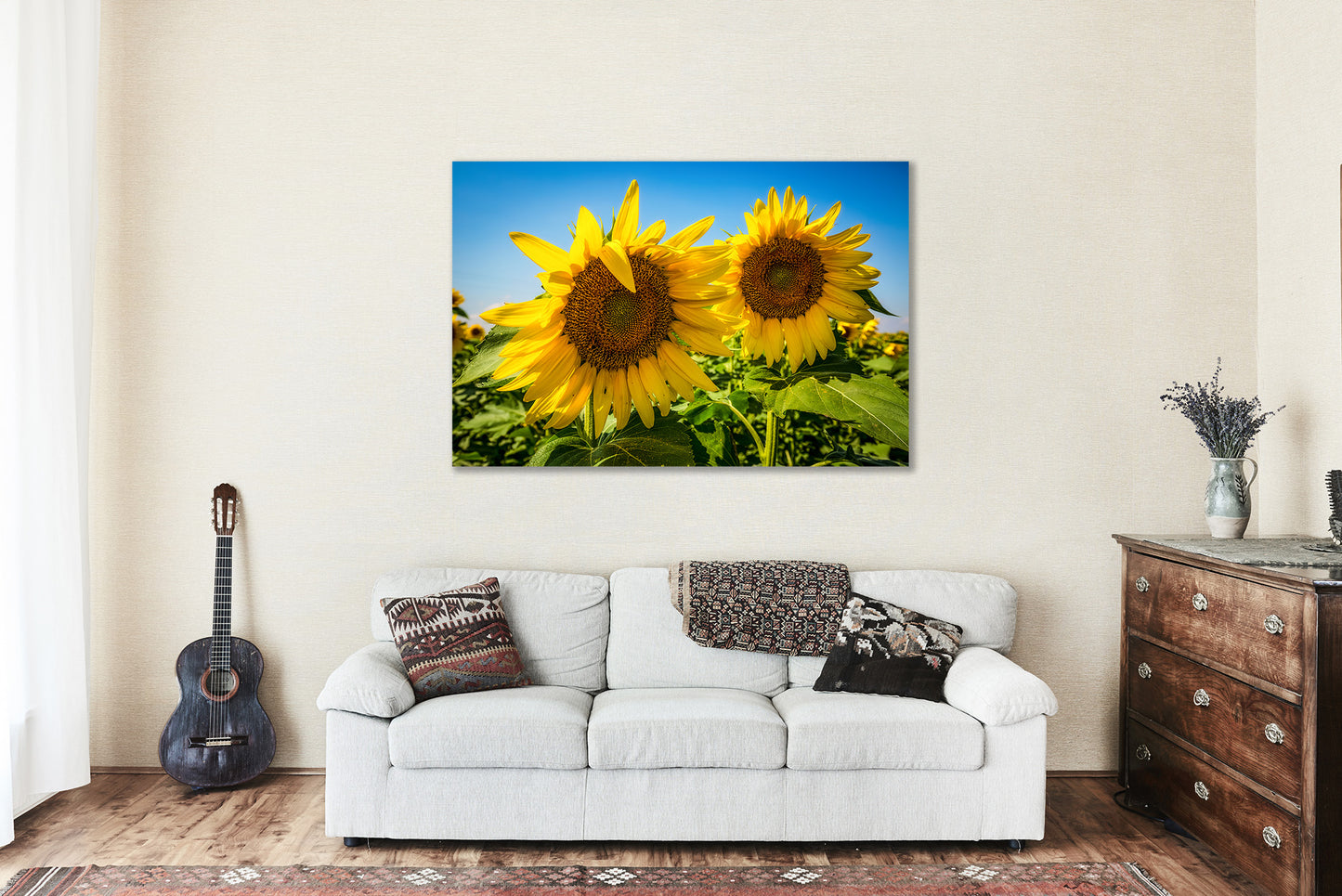 Country Canvas Wall Art (Ready to Hang) Gallery Wrap of a Pair of Sunflowers in Kansas Botanical Photography Farmhouse Decor