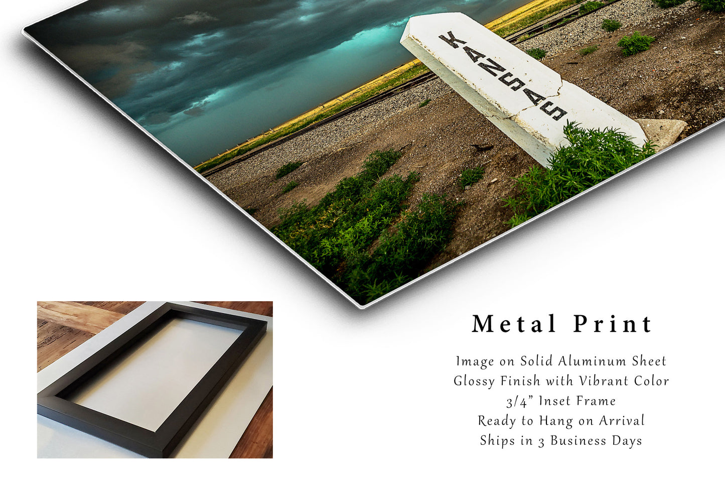 Great Plains Metal Print (Ready to Hang) Photo on Aluminum of Thunderstorm Advancing Past Railroad Post at Kansas and Colorado State Line Storm Wall Art Western Decor