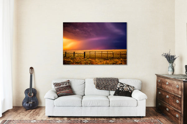 Western Canvas Wall Art - Gallery Wrap of Colorful Stormy Sky Over Fence Gate in Oklahoma - Great Plains Photography Artwork Photo Decor