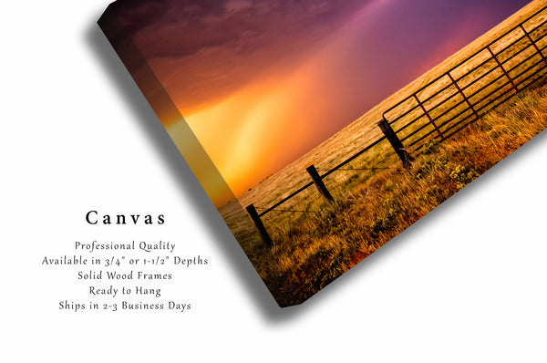 Western Canvas Wall Art - Gallery Wrap of Colorful Stormy Sky Over Fence Gate in Oklahoma - Great Plains Photography Artwork Photo Decor