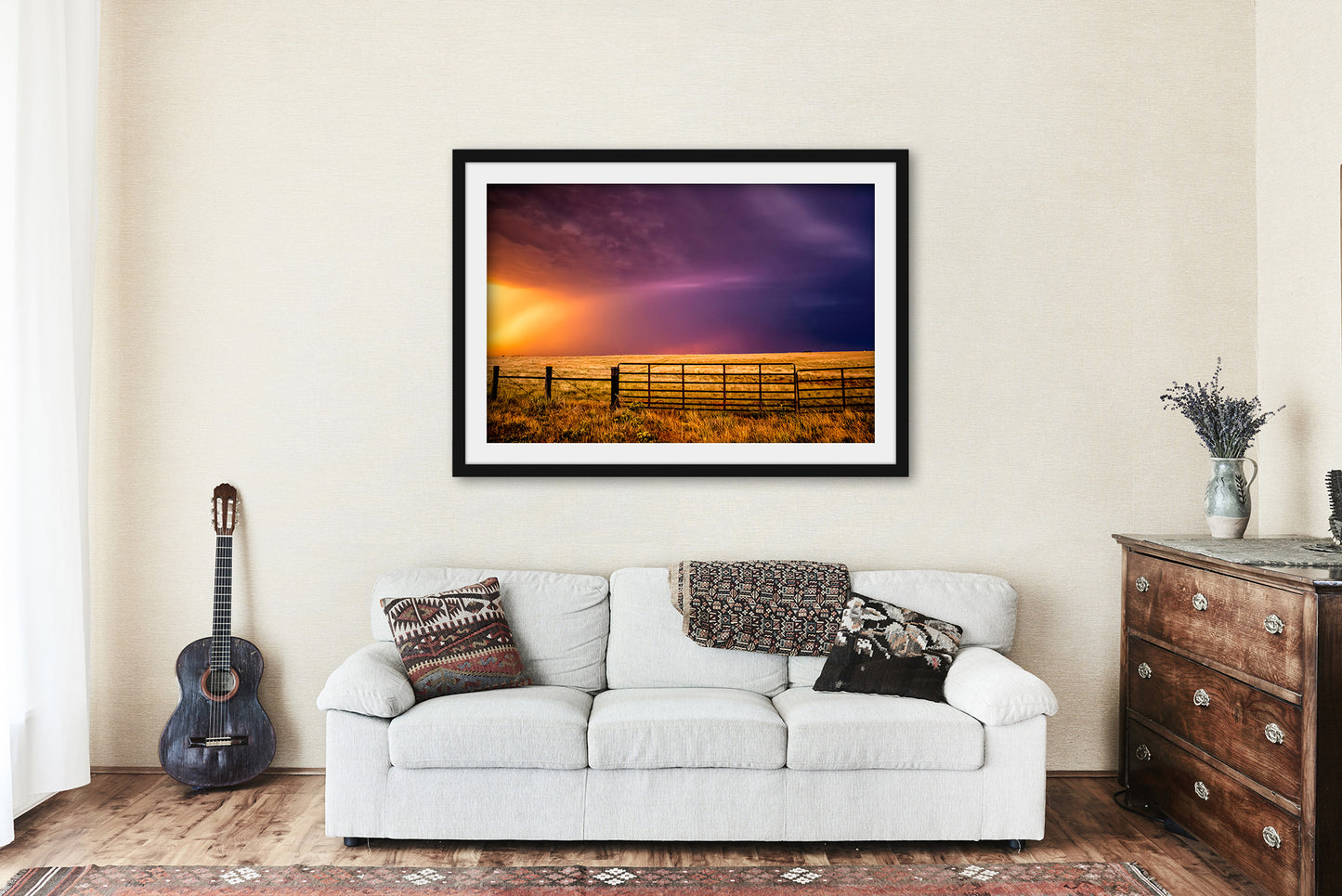 Framed Storm Print with Optional Mat (Ready to Hang) Picture of Colorful Thunderstorm Over Fence Gate at Sunset in Oklahoma Great Plains Wall Art Western Decor