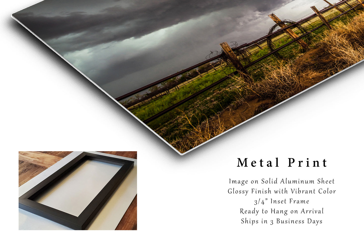 Western Metal Print - Picture of Storm Advancing Over Barbed Wire Fence on Stormy Day in Oklahoma - Ready to Hang Country Wall Art Decor