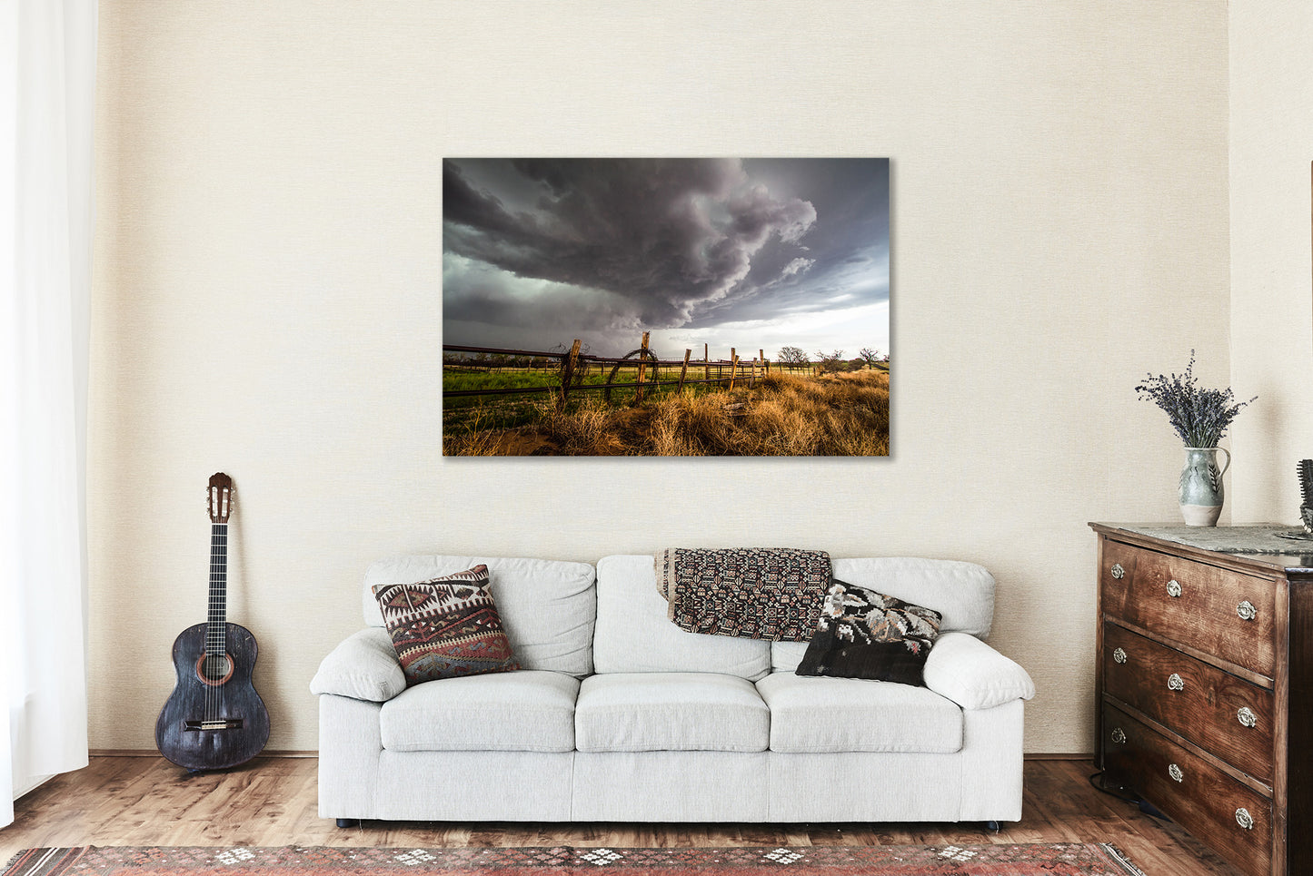 Western Canvas Wall Art - Gallery Wrap of Storm Over Rolled Barbed Wire on Ranch in Oklahoma - Thunderstorm Photography Artwork Decor