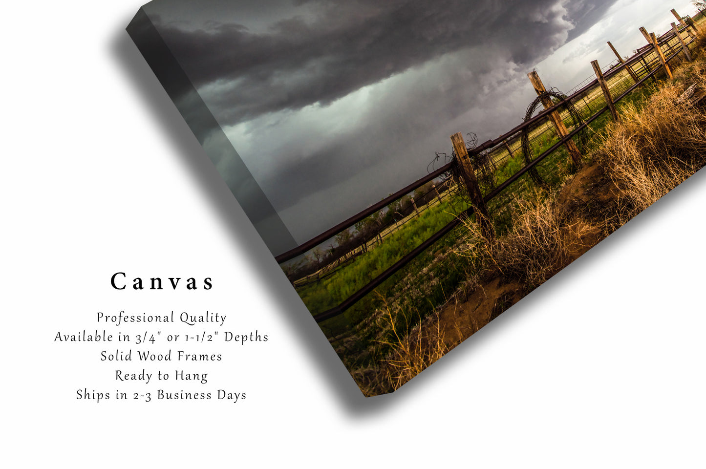 Storm Canvas Wall Art (Ready to Hang) Gallery Wrap of Thunderstorm Over Barbed Wire Fence on Stormy Day in Oklahoma Farm and Ranch Photography Western Decor