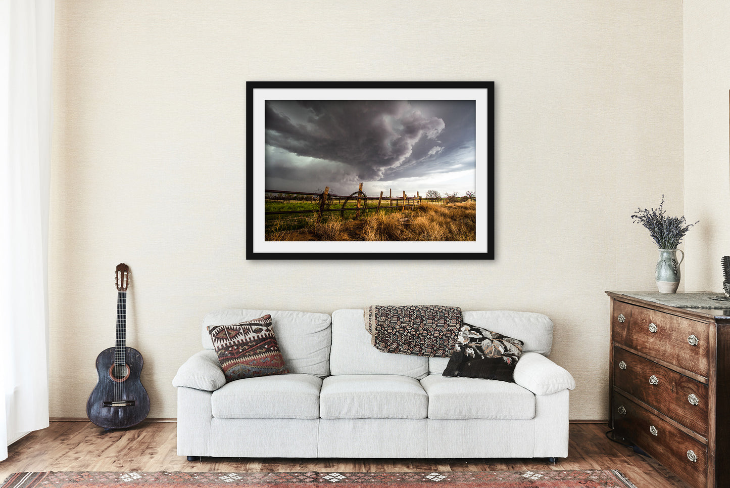 Framed and Matted Print - Picture of Thunderstorm Over Rolled Barbed Wire Along Fence in Oklahoma Farm Ranch Wall Art Western Decor