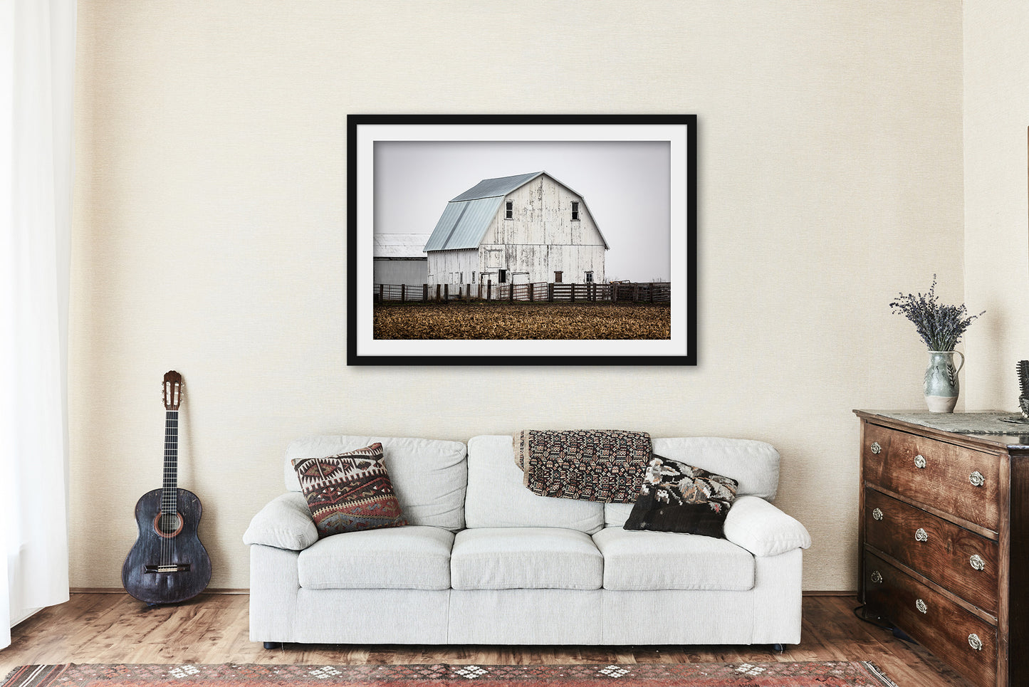Framed and Matted Print - Rustic White Barn on Foggy Spring Morning on Illinois Farm - Ready to Hang Country Farmhouse Wall Art Decor