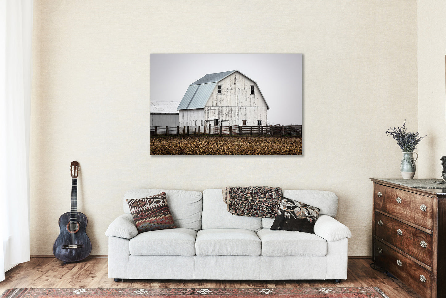 Canvas Wall Art - Gallery Wrap of Rustic White Barn on Spring Morning in Illinois - Country Farmhouse Photography Artwork Photo Decor