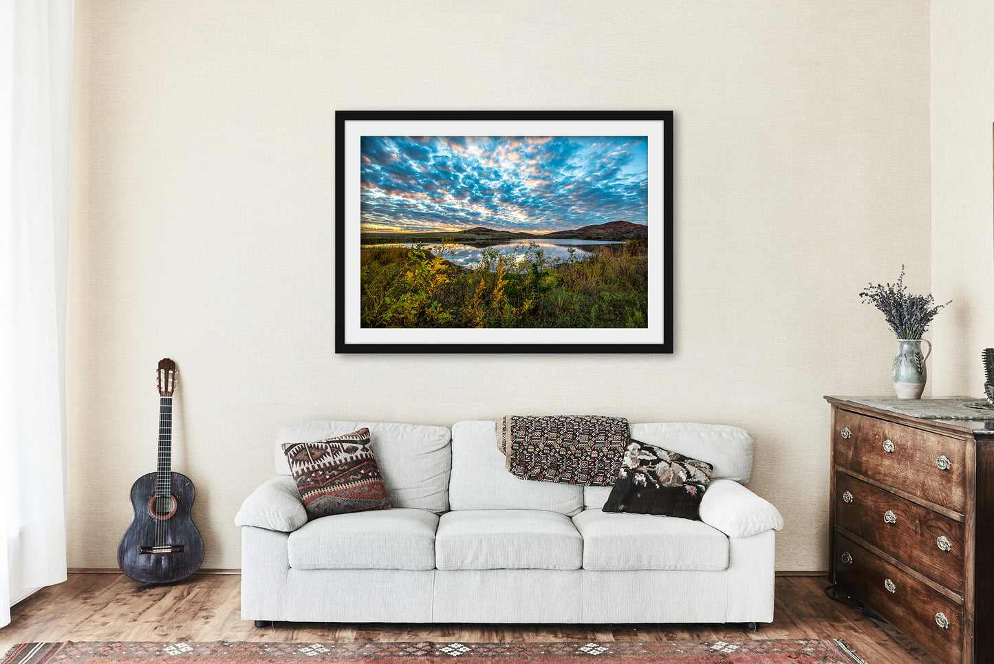 Framed Wichita Mountains Print (Ready to Hang) Picture of Scenic Sky Over Lake at Sunset on Autumn Evening in Oklahoma Great Plains Wall Art Nature Decor