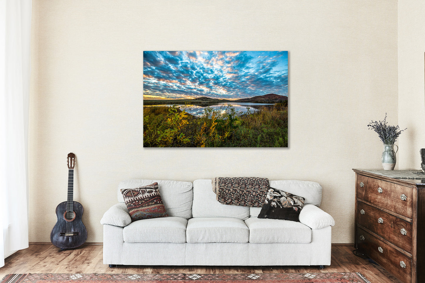 Wichita Mountains Canvas Wall Art (Ready to Hang) Gallery Wrap of Scenic Sky Over Lake at Sunset on Autumn Evening in Oklahoma Great Plains Photography Nature Decor