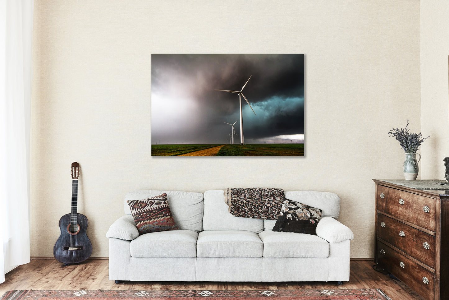 Renewable Energy Canvas Wall Art - Gallery Wrap of Wind Turbines in Storm on Spring Day in Texas - Wind Farm Photography Artwork Decor