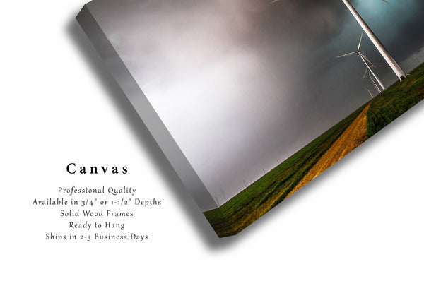 Renewable Energy Canvas Wall Art - Gallery Wrap of Wind Turbines in Storm on Spring Day in Texas - Wind Farm Photography Artwork Decor