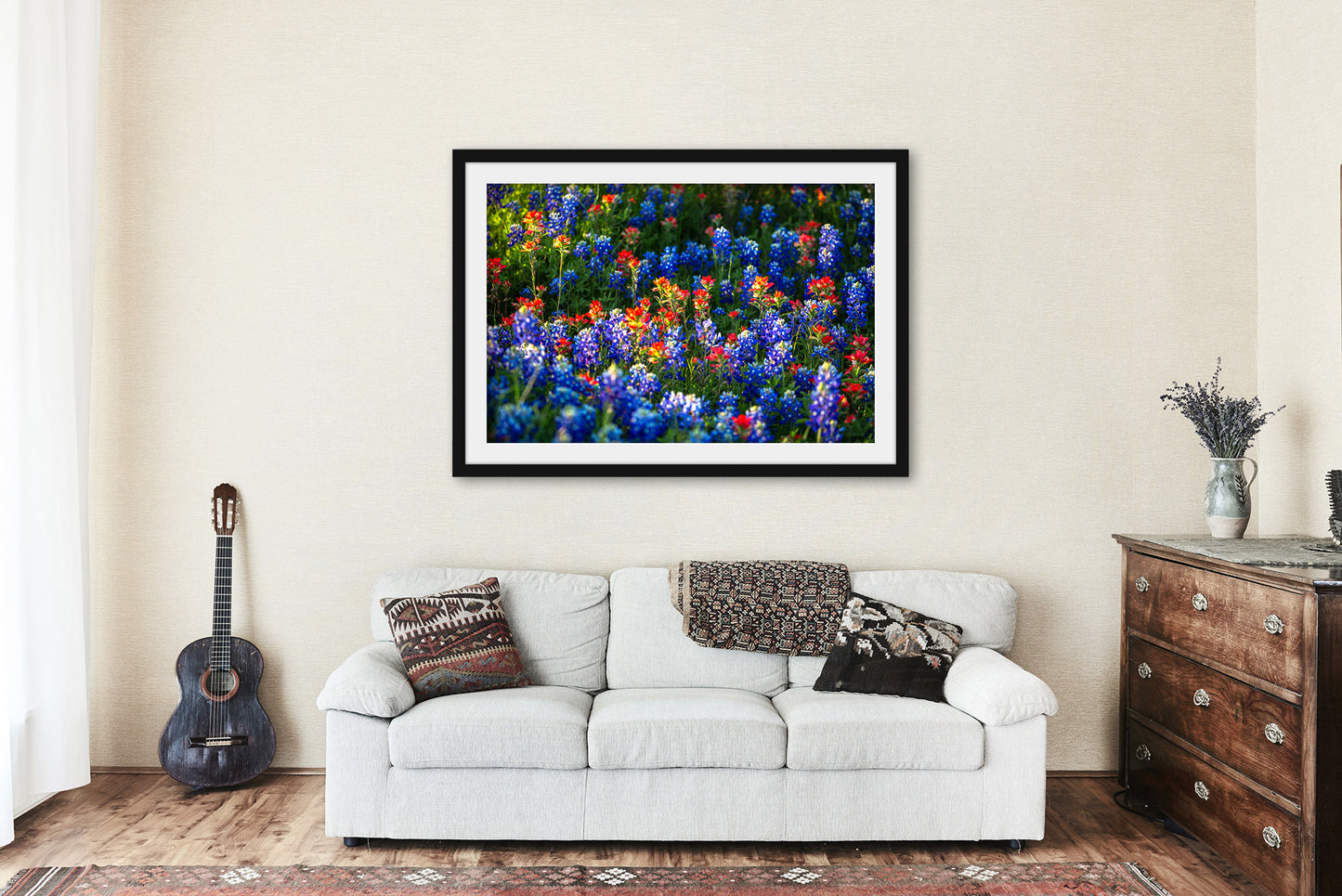 Framed Print (Ready to Hang) Picture of Bluebonnets and Indian Paintbrush Wildflowers in Texas Flower Wall Art Floral Decor