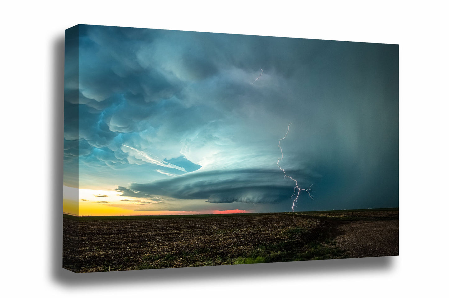 Storm canvas wall art of a lightning bolt striking from a supercell thunderstorm on a stormy spring evening in Kansas by Sean Ramsey of Southern Plains Photography.