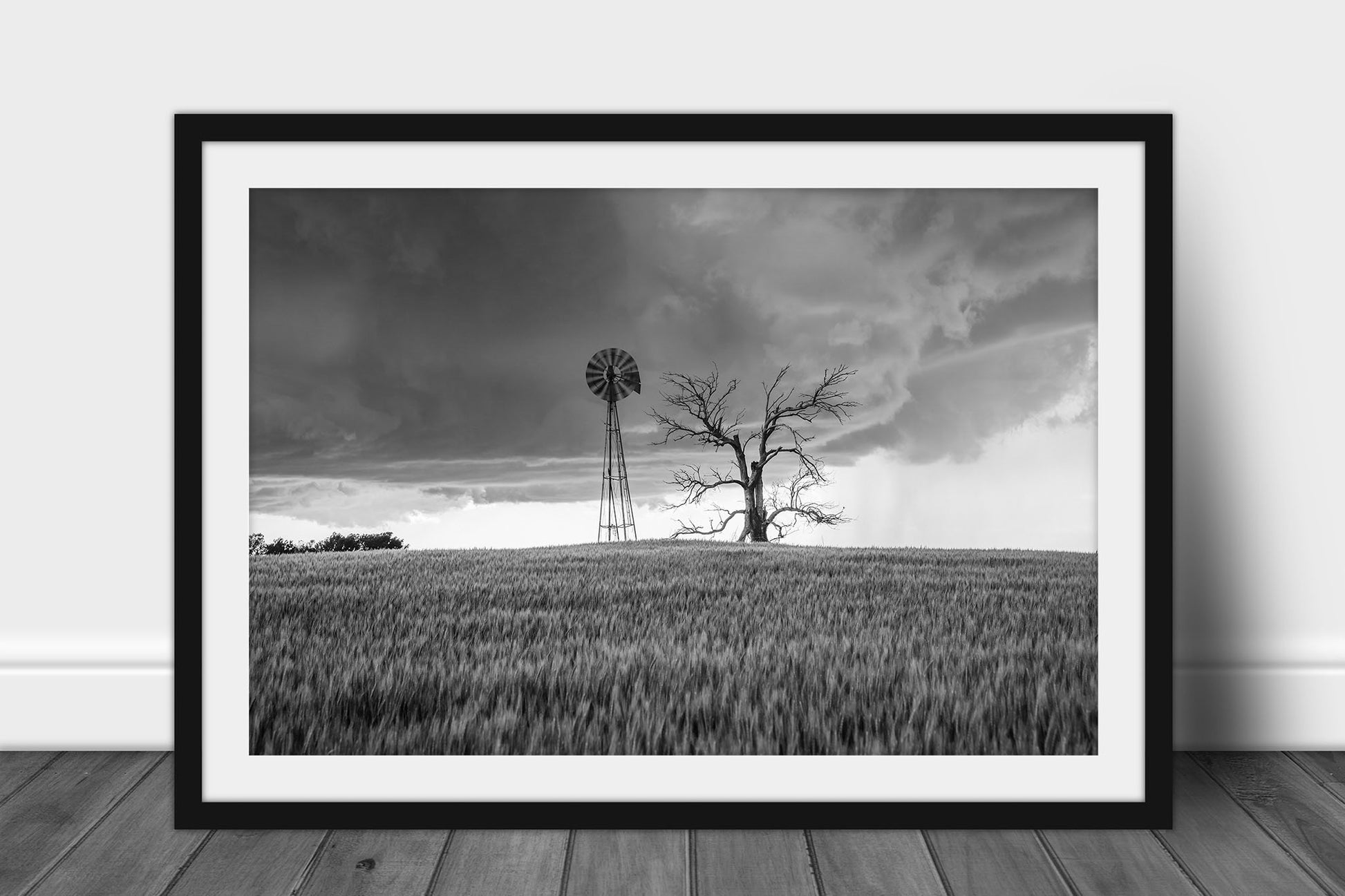 Framed and matted black and white country photography print of an old windmill and dead tree in a wheat field as a storm approaches on a spring day in Oklahoma by Sean Ramsey of Southern Plains Photography.
