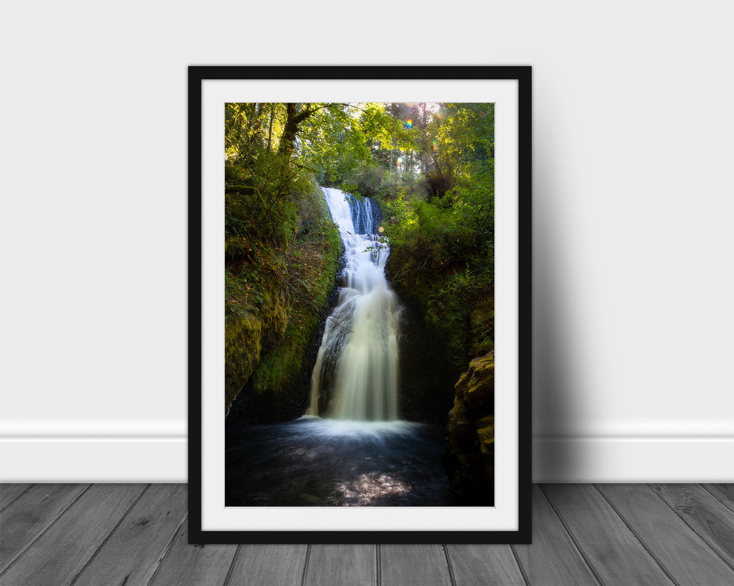 Vertical framed waterfall print of Bridal Veil Falls on a summer day in the Columbia River Gorge in Oregon by Sean Ramsey of Southern Plains Photography.
