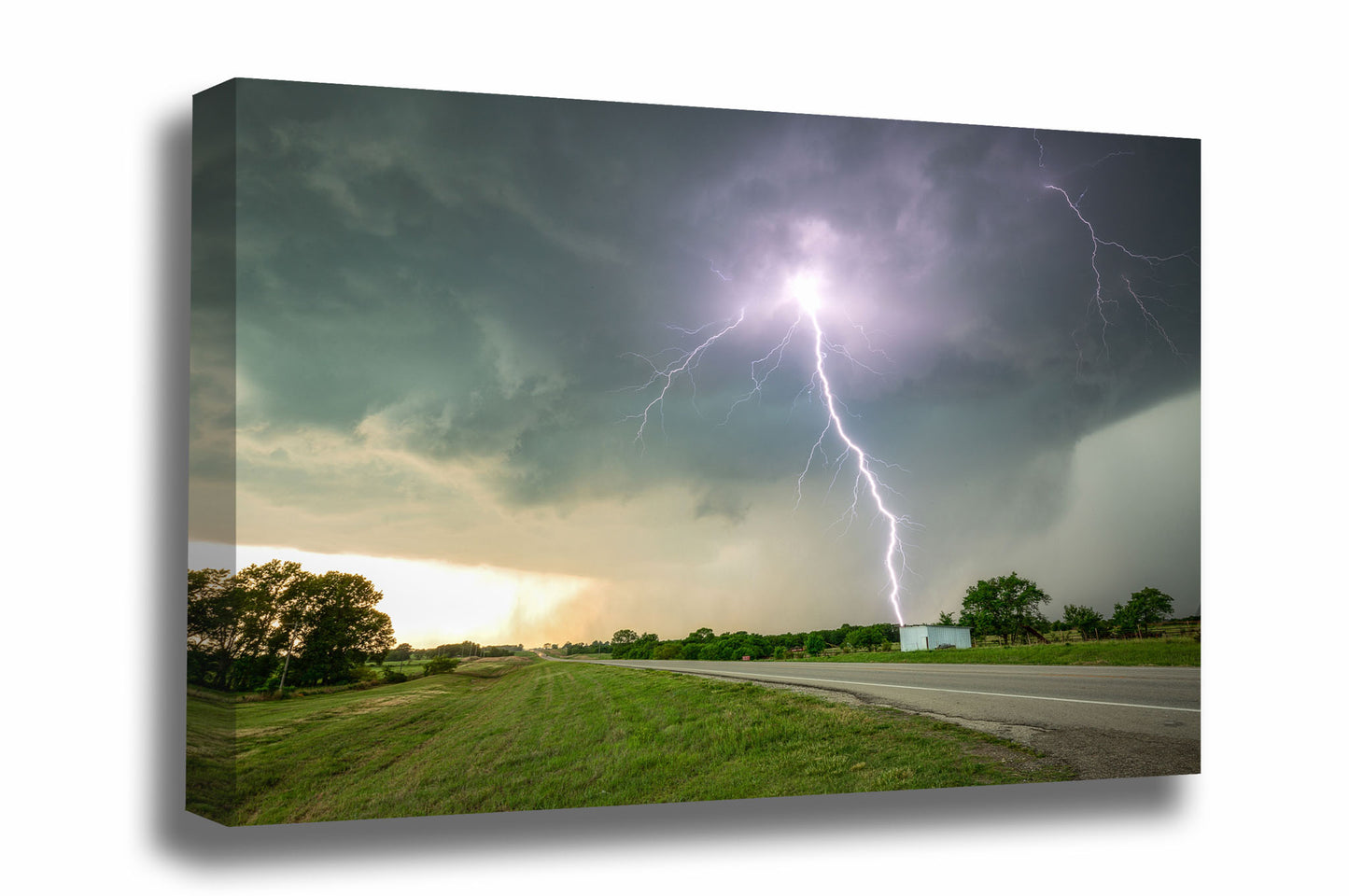 Storm canvas wall art of a powerful lightning bolt striking nearby on a stormy spring day in Kansas by Sean Ramsey of Southern Plains Photography.