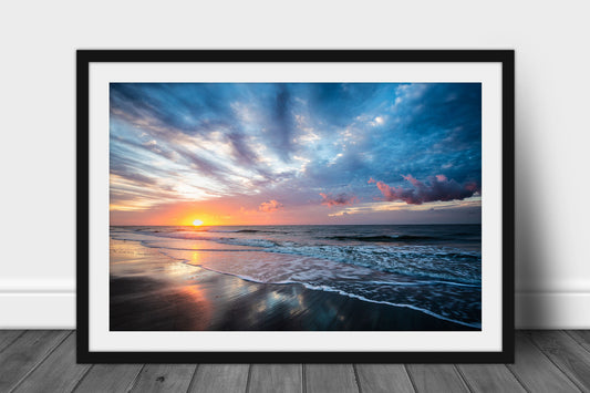 Coastal framed and matted photography print of a scenic sunrise over the Atlantic Ocean along a beach on Hilton Head Island, South Carolina by Sean Ramsey of Southern Plains Photography.