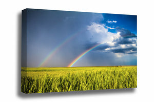 Great Plains canvas wall art of a double rainbow over a green wheat field on a spring day in Kansas by Sean Ramsey of Southern Plains Photography.