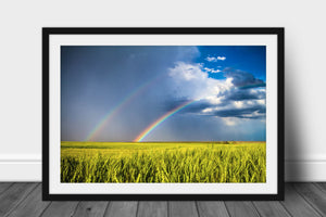 Framed and matted country photography print of a double rainbow shining over a wheat field on a spring day on the plains of Kansas by Sean Ramsey of Southern Plains Photography.
