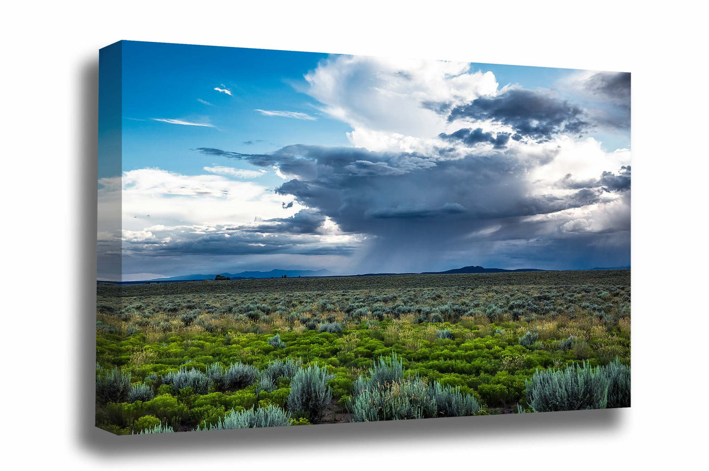 High desert canvas wall art of a monsoon thunderstorm over sagebrush on a stormy day near Taos, New Mexico by Sean Ramsey of Southern Plains Photography.