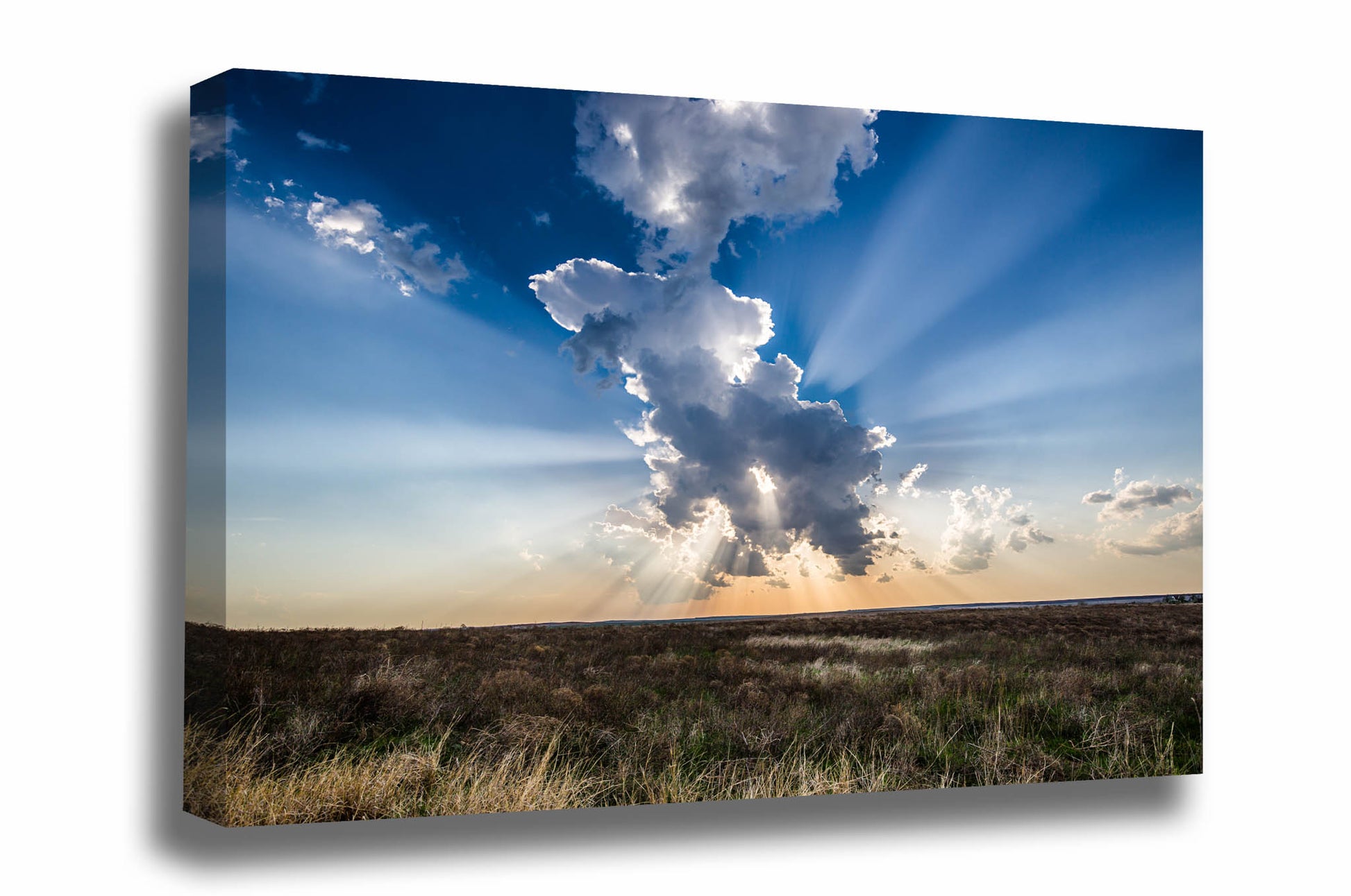 Great Plains canvas wall art of sunbeams bursting from behind a storm cloud on a spring day over the Kansas prairie by Sean Ramsey of Southern Plains Photography.