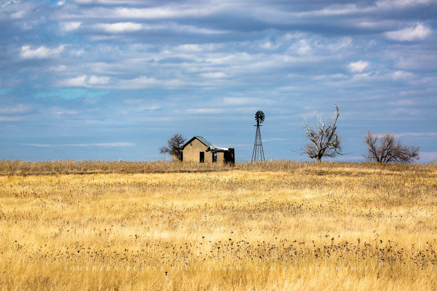 Country photography print of an abandoned homestead and old windmill on a rise in a field of golden prairie grass on a winter day in Oklahoma by Sean Ramsey of Southern Plains Photography. 
