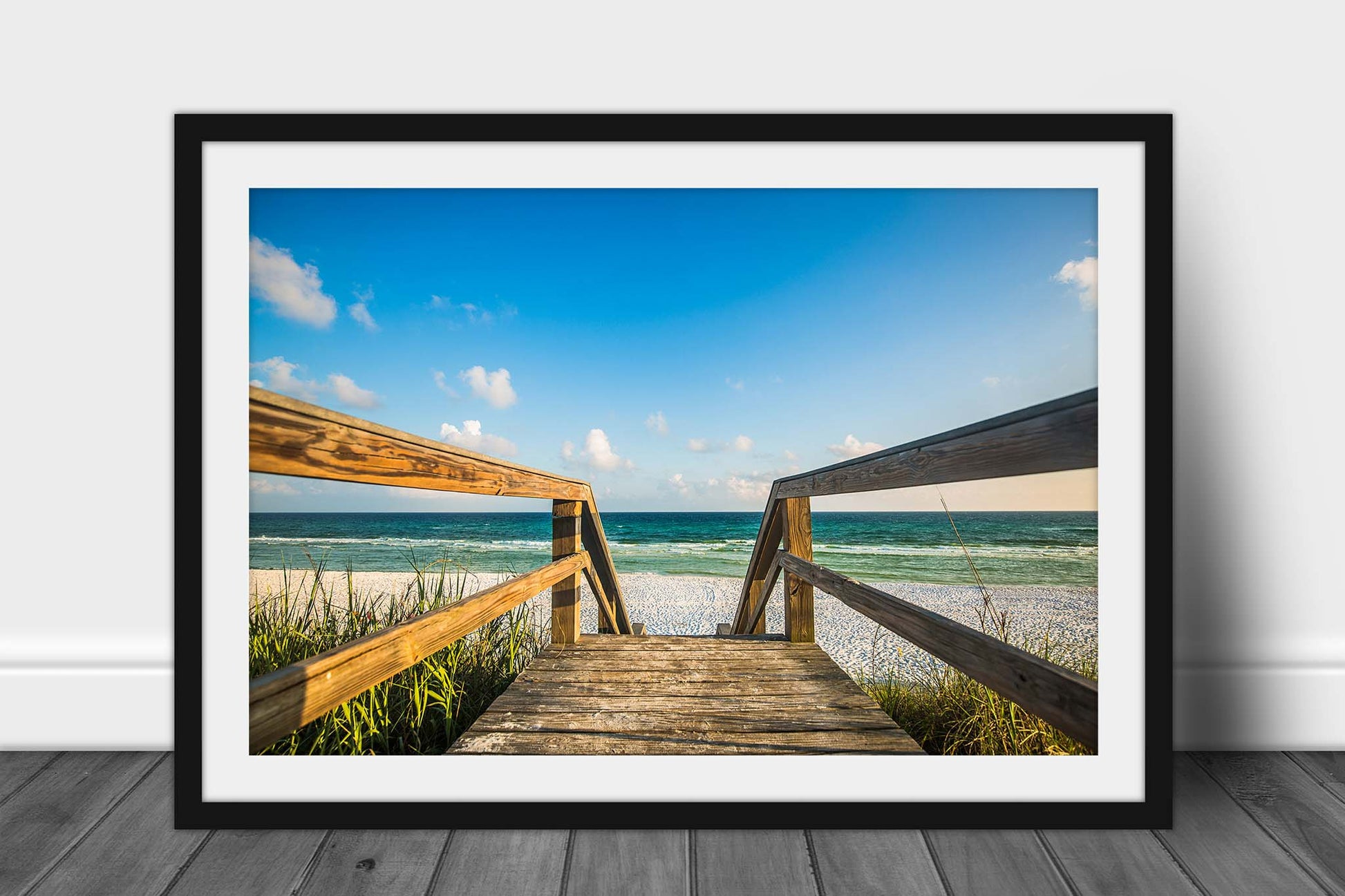 Framed coastal photography print with optional mat of a sandy boardwalk leading to a beach on a summer day along the Gulf Coast near Destin, Florida by Sean Ramsey of Southern Plains Photography.