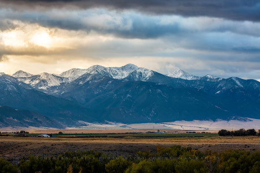 Rocky Mountain photography print of snowy peaks overlooking a valley on an autumn morning in Montana by Sean Ramsey of Southern Plains Photography.
