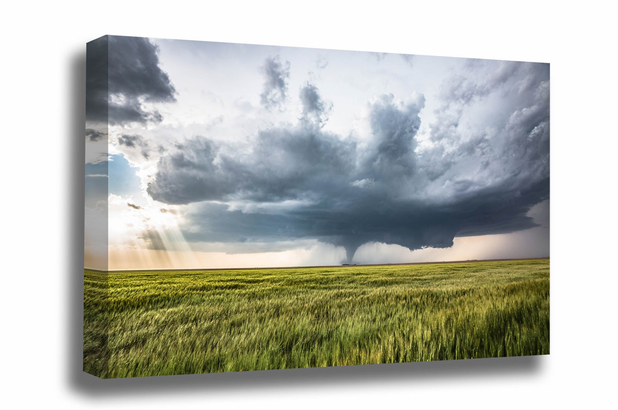 Extreme weather canvas wall art of a distant tornado over a wheat field as sunlight breaks through clouds on a stormy spring day in Kansas by Sean Ramsey of Southern Plains Photography.
