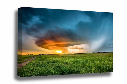 Storm canvas wall art of a supercell thunderstorm illuminated by sunlight advancing over an open field on a stormy spring evening in Oklahoma by Sean Ramsey of Southern Plains Photography.