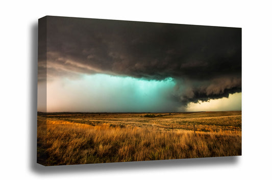 Storm canvas wall art of a supercell thunderstorm with a teal hail core over open prairie in the Texas panhandle by Sean Ramsey of Southern Plains Photography.