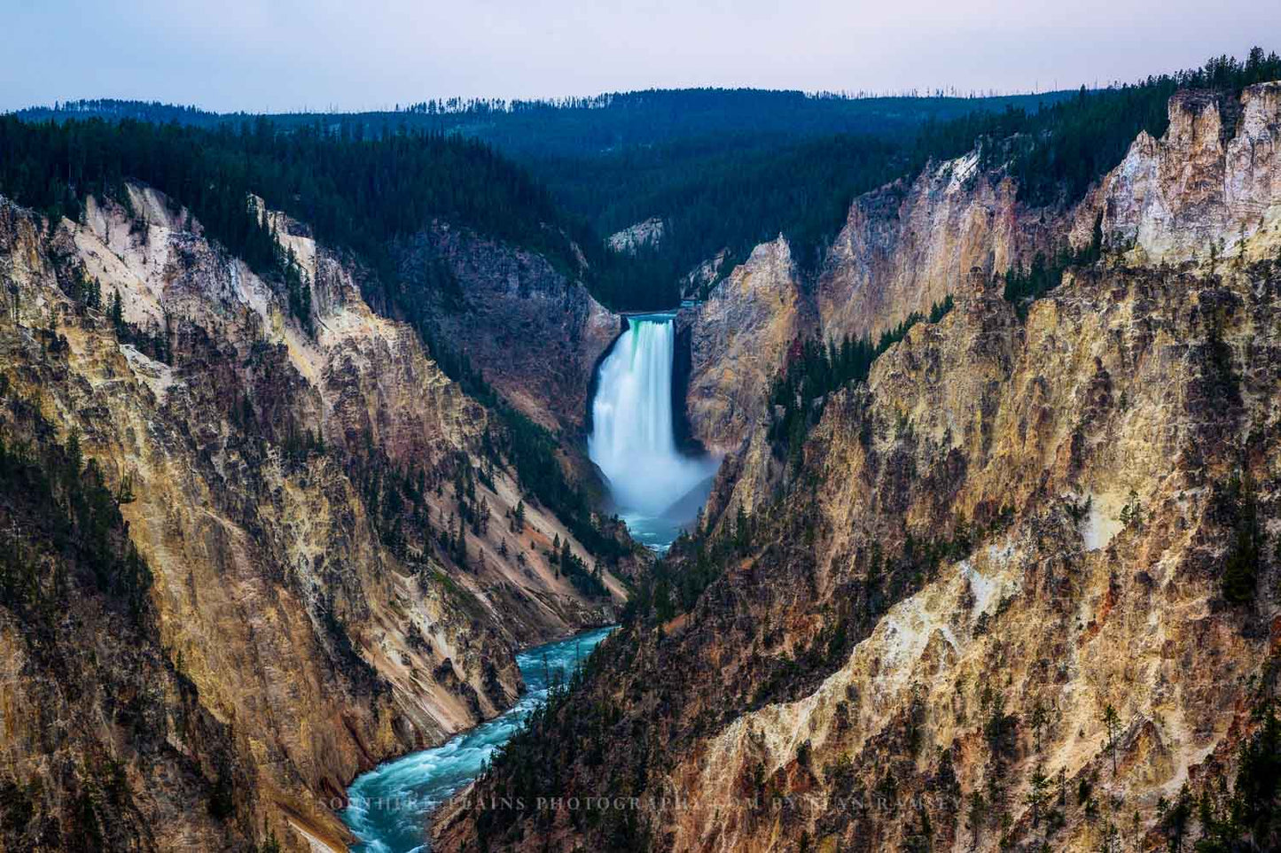 Western landscape photography print of Lower Falls in the Grand Canyon of the Yellowstone on a rainy evening in Yellowstone National Park, Wyoming by Sean Ramsey of Southern Plains Photography.