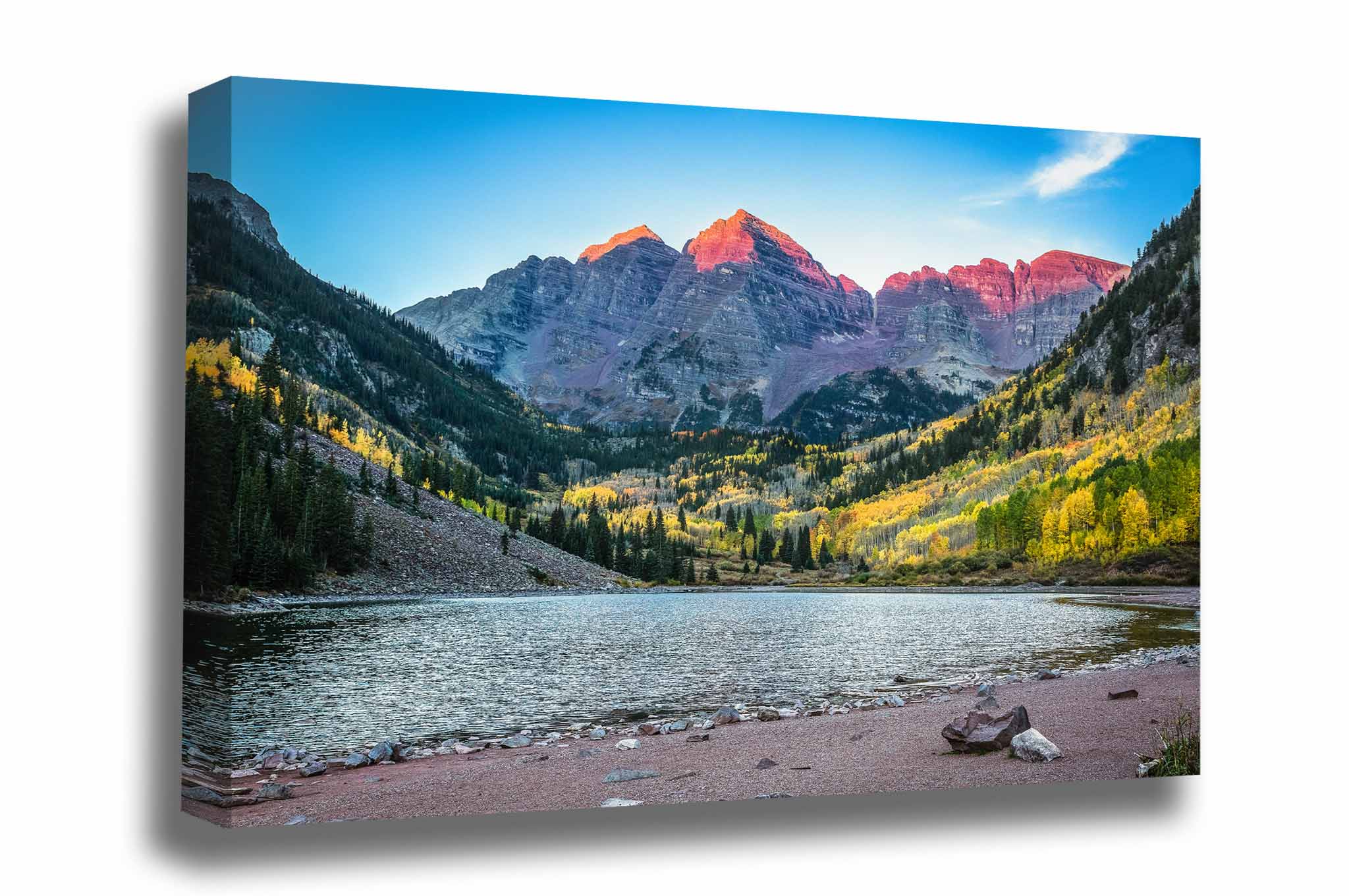 Rocky Mountains canvas wall art of the Maroon Bells with alpenglow on an autumn morning near Aspen, Colorado by Sean Ramsey of Southern Plains Photography.