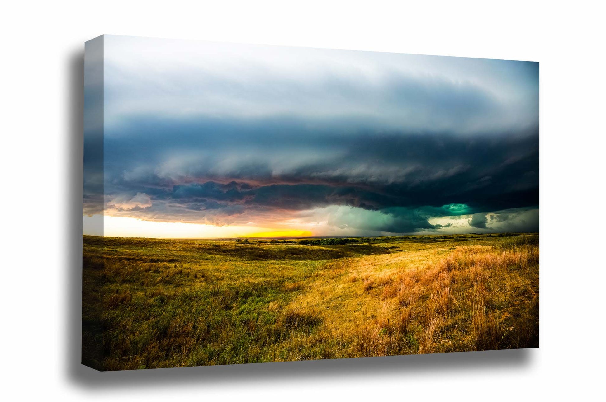Storm canvas wall art of a supercell thunderstorm over open prairie at sunset near Medicine Lodge, Kansas by Sean Ramsey of Southern Plains Photography.