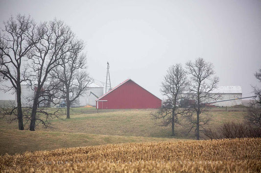 Midwest photography print of a red barn between leafless trees on a foggy spring morning on a farm in Illinois by Sean Ramsey of Southern Plains Photography.