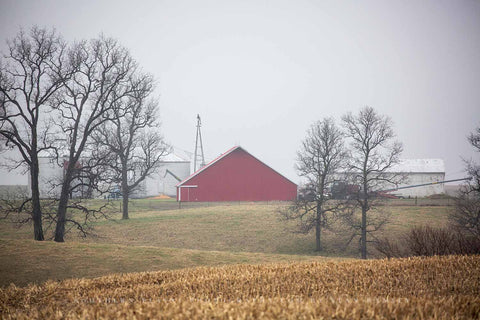 A red barn on a foggy spring morning on a farm in Illinois by Sean Ramsey of Southern Plains Photography.
