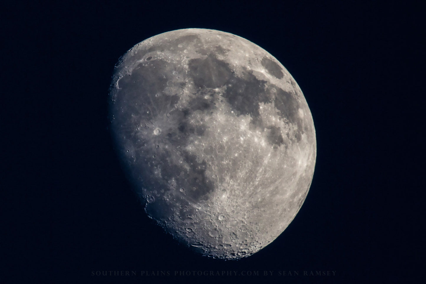 Lunar photography print of a Waxing Gibbous moon with visible craters by Sean Ramsey of Southern Plains Photography.