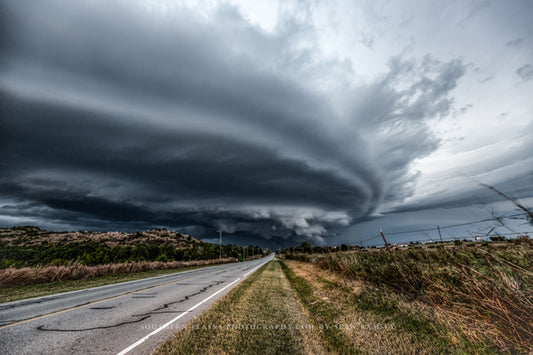 Storm photography print of a supercell thunderstorm over a highway near the Wichita Mountains in Southwest Oklahoma by Sean Ramsey of Southern Plains Photography.