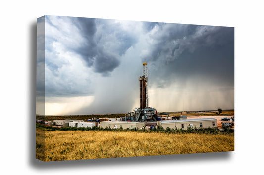 Oilfield canvas wall art of a drilling rig and a passing thunderstorm on a stormy summer day in Oklahoma by Sean Ramsey of Southern Plains Photography.