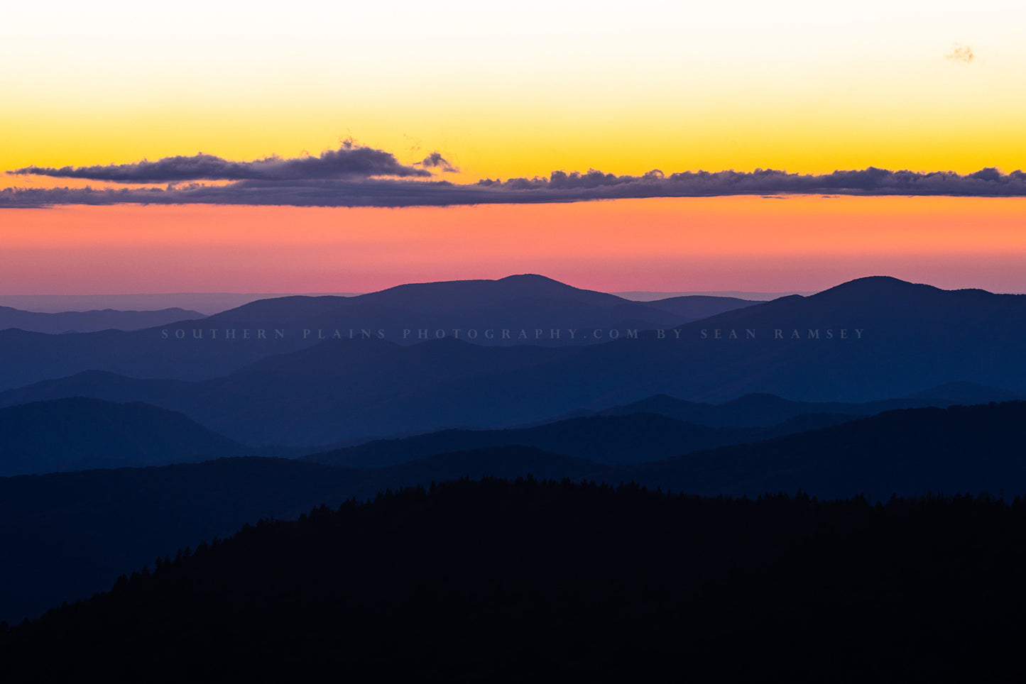 Landscape photography print of a scenic view of the Appalachian Mountains at sunset at Clingmans Dome in the Great Smoky Mountains of North Carolina by Sean Ramsey of Southern Plains Photography.