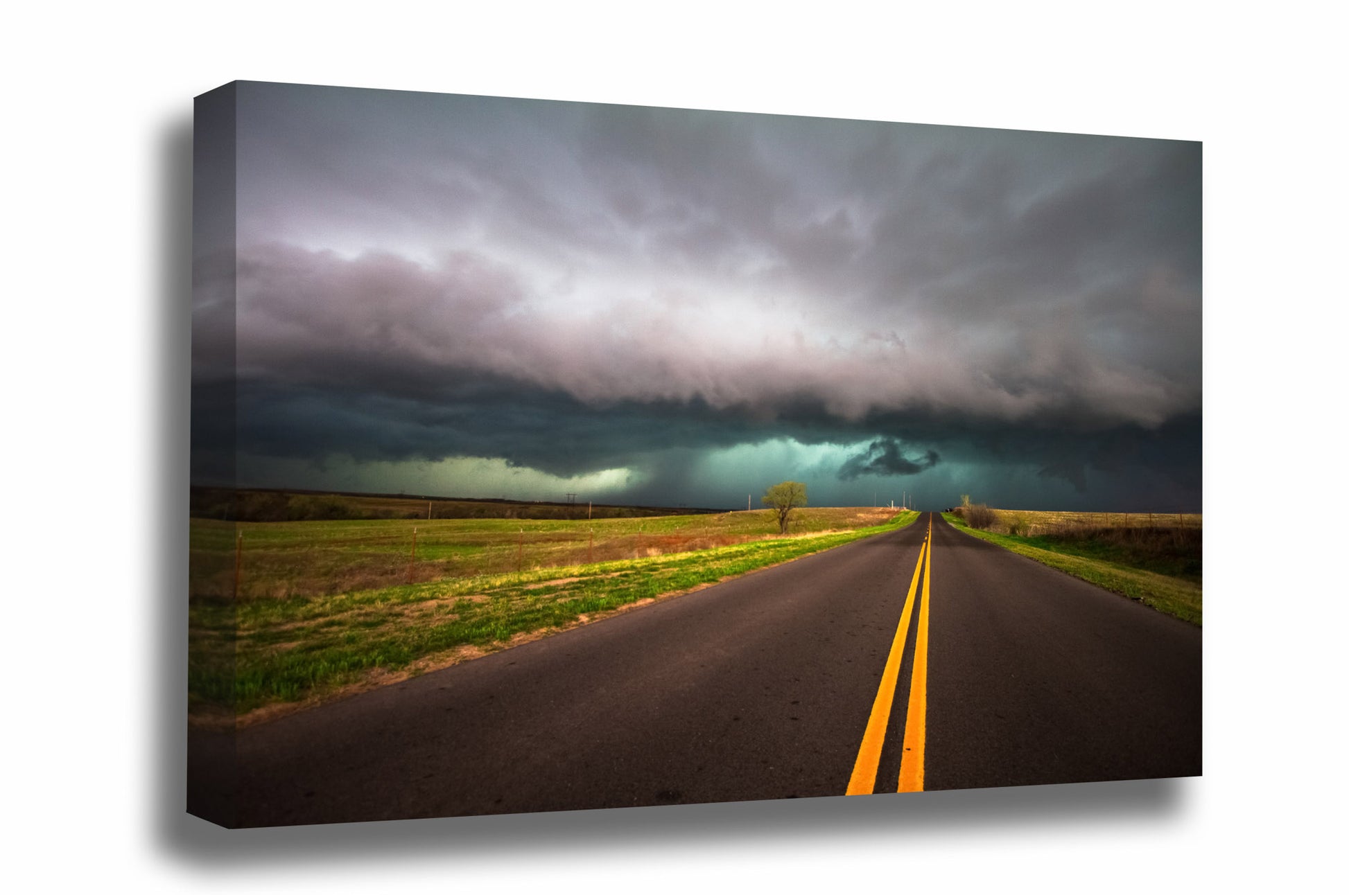 Storm canvas wall art of a highway leading to an intense thunderstorm on a stormy spring evening in Oklahoma by Sean Ramsey of Southern Plains Photography.
