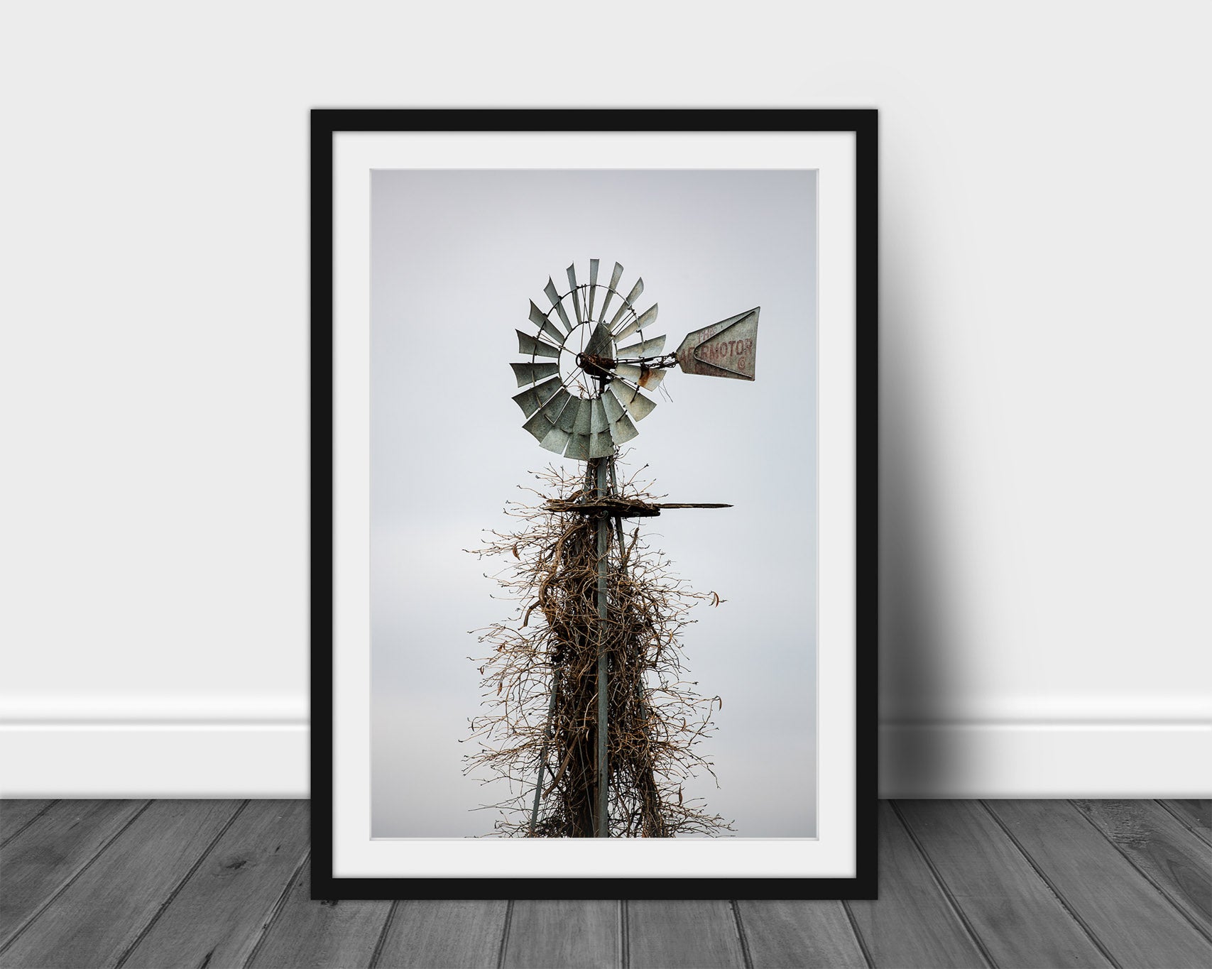 Framed and matted country photography print of an old Aermotor windmill covered in vines on an abandoned farm in Oklahoma by Sean Ramsey of Southern Plains Photography.